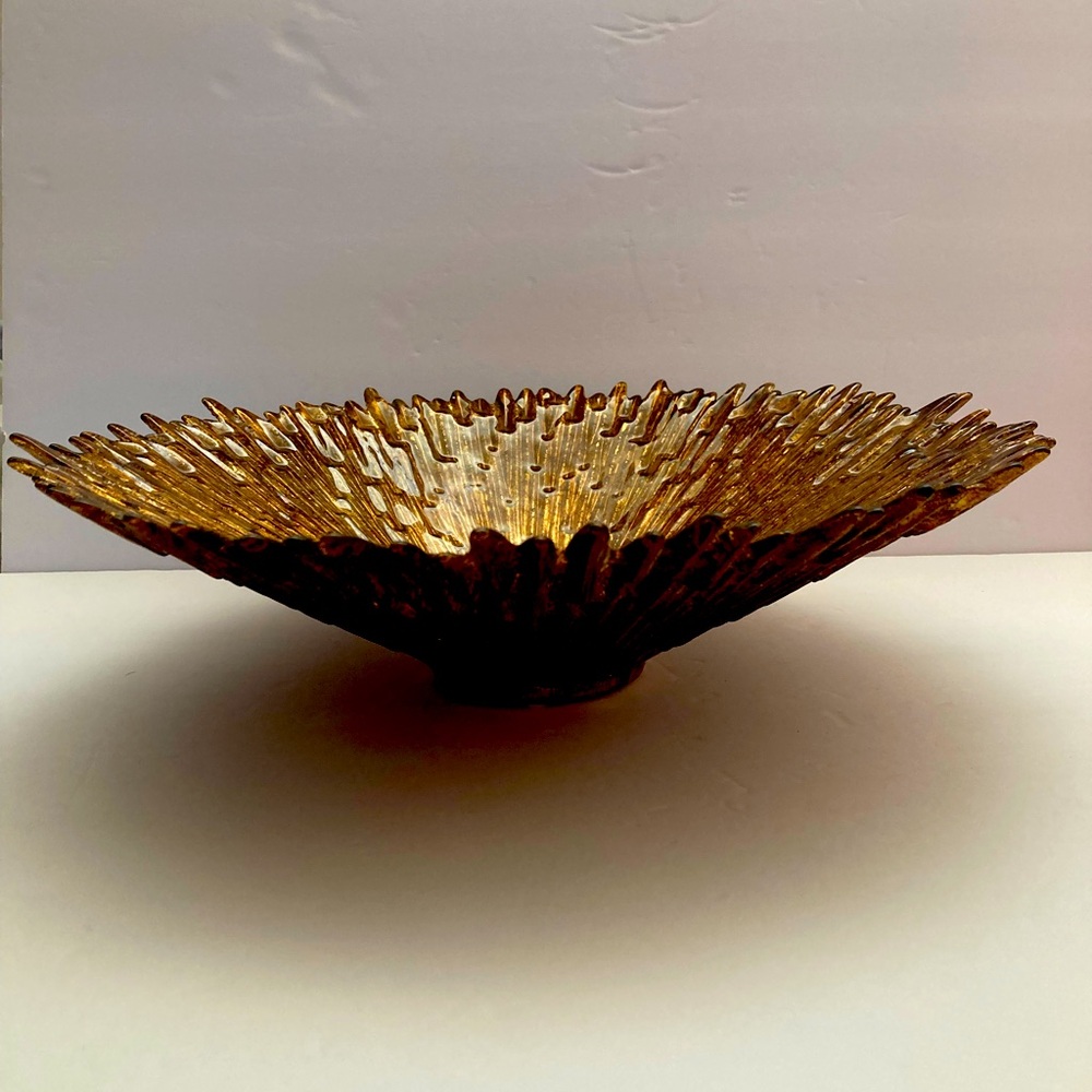 🔥 Rare Vintage MCM Lg Gold & Bronze Icicle Art Glass Decorative Centerpiece Bowl - Picture 3 of 16